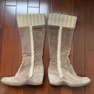 Aquatalia unique knit tan/brown knee high suede wedge boots size 6 1/2